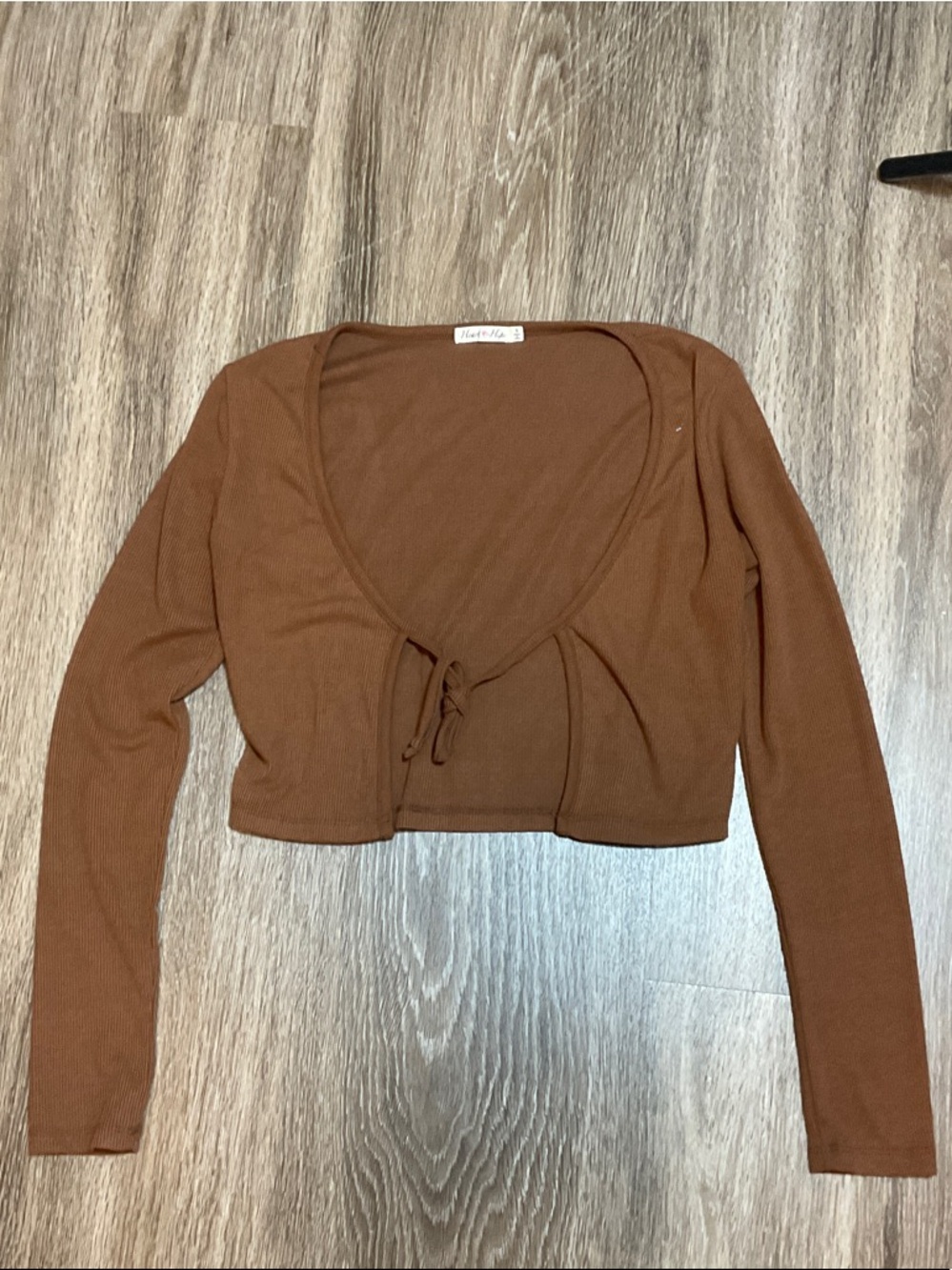 Heart Hips Brown Ribbed Tie-Front Cropped Long-Sleeve Top